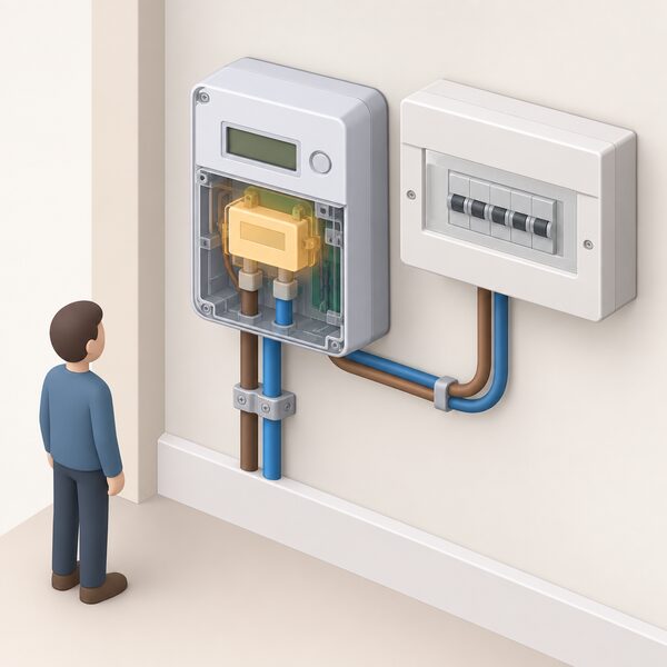A cutaway view of a smart electricity meter mounted on an interior wall near the consumer unit, with the certified measuring element shown as a distinct highlighted module inside the meter housing, connected to the incoming supply cables, with no appliances or other equipment shown.