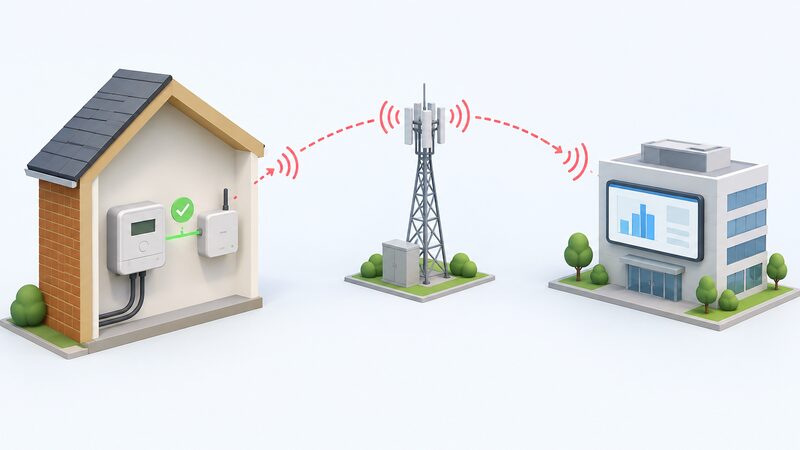 A simplified diagram of a house wall with a smart electricity meter connected to its communications hub, a signal path shown as a radio wave arc travelling to a mast and onward to a supplier billing system drawn as a building with a screen, with the meter-to-hub link marked as certified and the onward links highlighted as the disputed path.