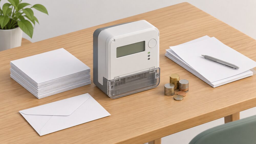 A domestic smart electricity meter lying on a wooden table as the central object, beside a stack of blank paperwork, a plain sealed envelope and a small pile of coins, suggesting a certified meter and a billing dispute being prepared for escalation.