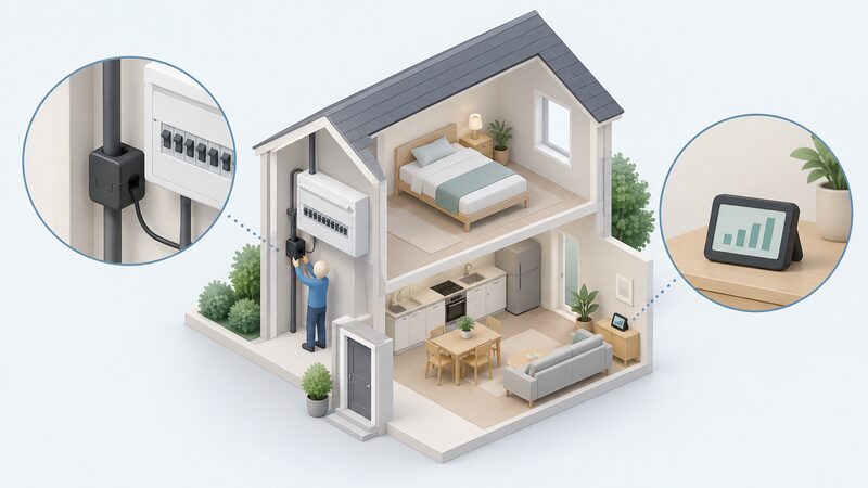 A small isometric figure at a consumer unit clamps a sensor around the electricity supply cable, with a small desk display elsewhere in the home showing a plain live usage screen.