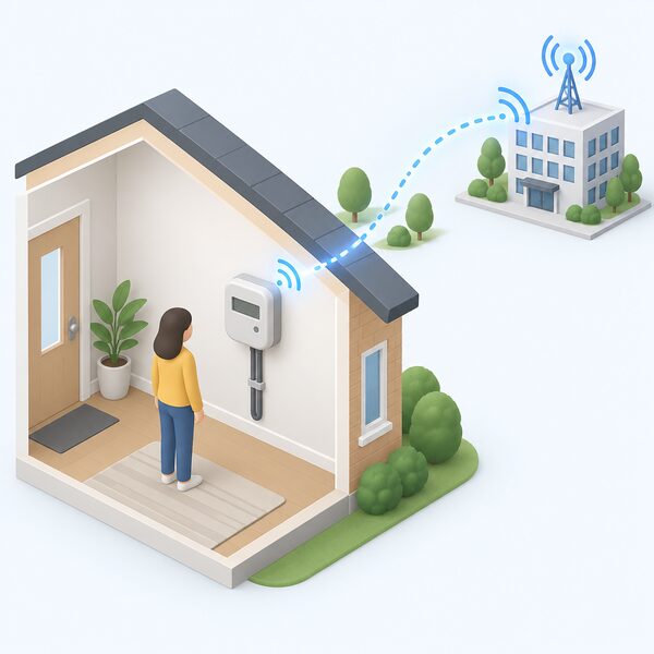 A simplified isometric indoor scene showing a smart electricity meter mounted on a plain interior wall, with a stylised secure signal path travelling from the meter out of the home towards a distant supplier building, conveying automatic remote transmission of readings.