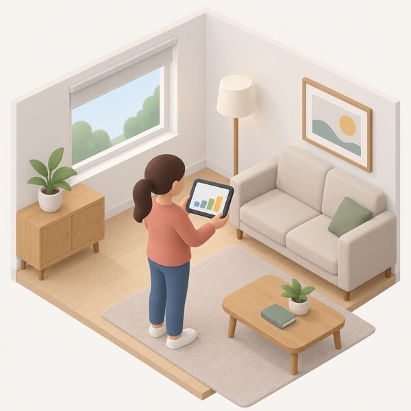 A small isometric figure stands in a home room holding the supplier-provided in-home display, its screen showing a plain colour band and blank usage blocks representing the household's energy consumption during the day, with the smart meter and solar panels kept out of view.