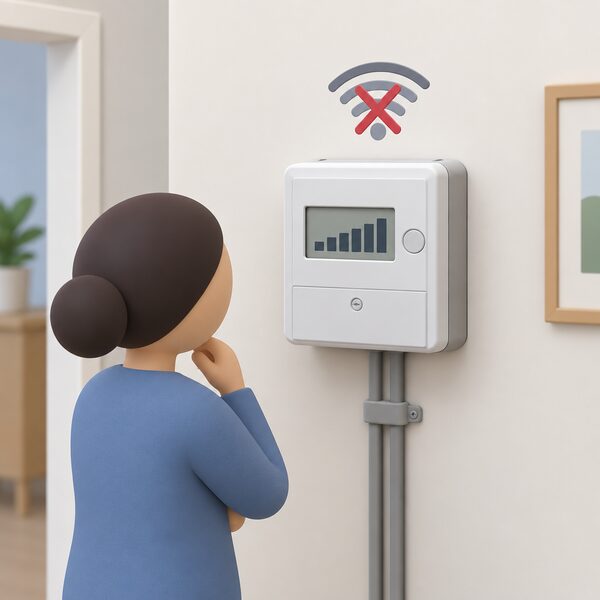 A domestic electricity smart meter on the wall with its display showing a plain usage bar, while a small signal icon above it is shown blank or crossed to indicate readings are no longer being sent, with a simplified figure glancing at the still-working screen.