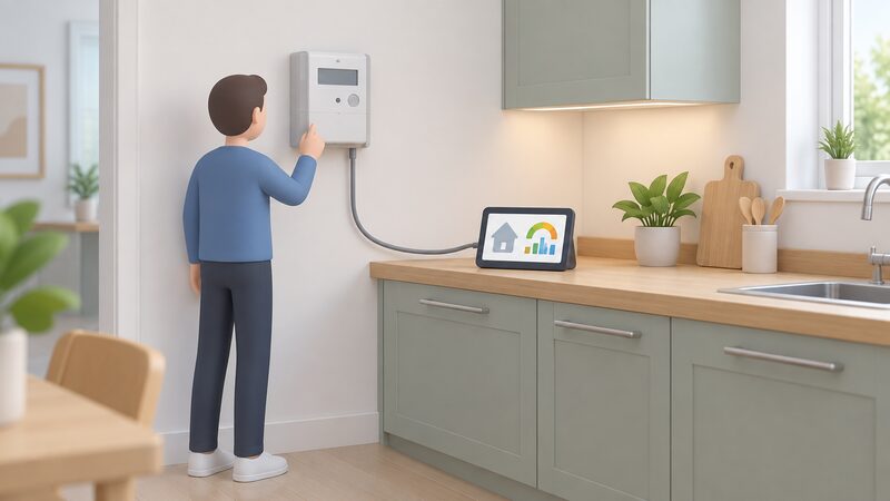 A wall-mounted smart electricity meter box with a small figure beside it, connected by a cable to a portable touchscreen in-home display standing on the kitchen worktop nearby.
