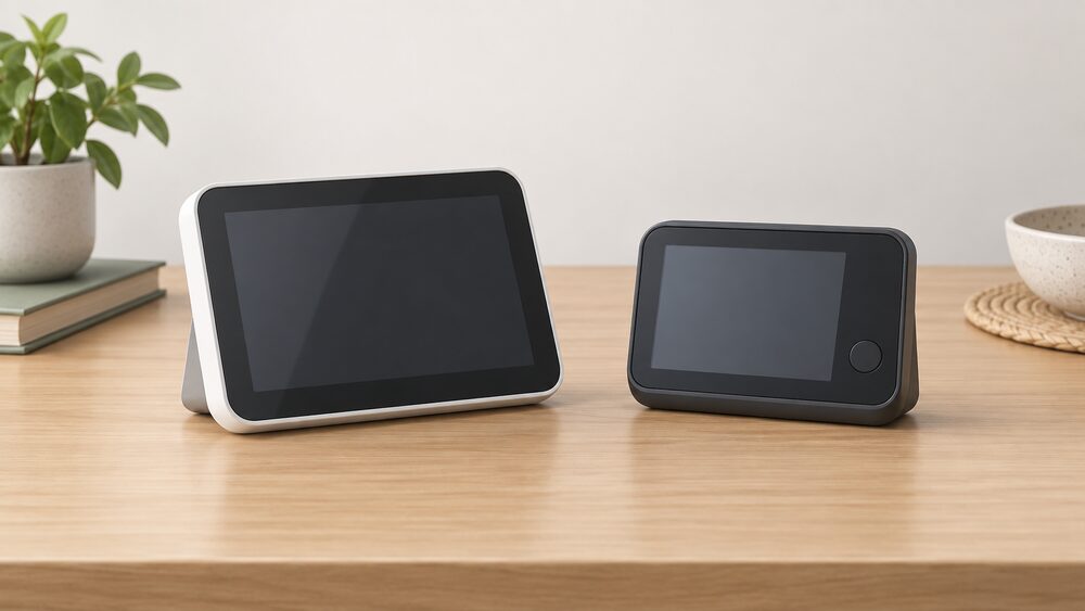 A portable smart meter in-home display touchscreen and a standalone energy monitor sit side by side on a table, two separate devices with blank screens, showing the choice between them without any words or numbers.