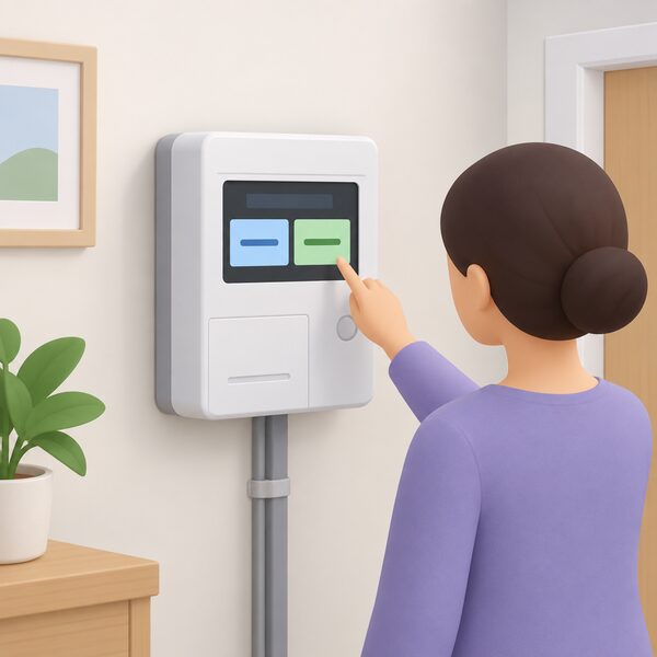 A wall-mounted smart electricity meter inside a home, shown as a simple cutaway with its display screen showing two plain selectable mode blocks side by side to represent credit and prepayment as settings on the same device.