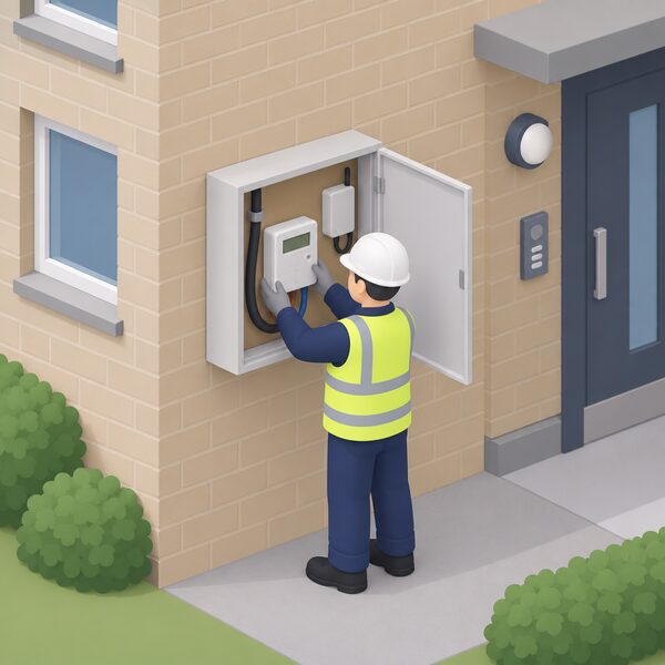 A simplified isometric figure of an installer fitting a smart electricity meter inside an external wall-mounted meter box on the outside wall of a block of flats, with the box door open and the meter connected to the incoming supply cable.
