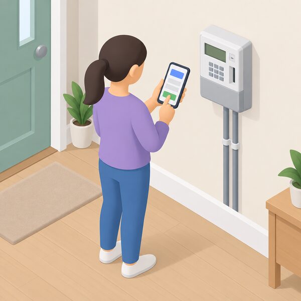 A person at home holding a mobile phone showing a plain top-up screen with blank fields, standing near a wall-mounted prepayment electricity meter, adding credit before the supply runs out.
