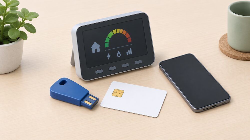 A small tabletop arrangement showing a traditional prepayment key and smart card lying beside a smart meter's in-home display and a smartphone with a blank screen, representing the choice between topping up at a shop and topping up remotely.