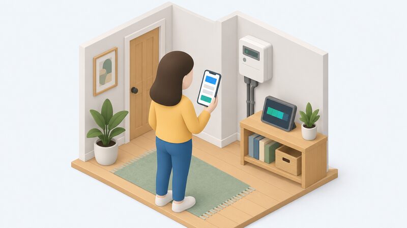 A small isometric scene of a home corner with a smart prepayment electricity meter on the wall, its in-home display on a nearby shelf showing remaining credit as a plain colour band, and a person holding a mobile phone with a top-up screen shown as blank blocks.