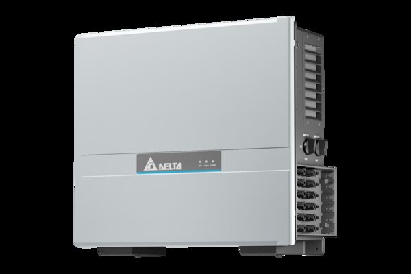 A Delta solar inverter, a grey wall-mounted unit shown from the front and side with connection ports exposed