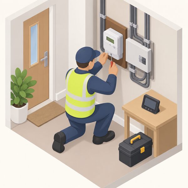 An installer kneels indoors beside the electricity meter on a home's wall, fitting a smart meter into place with a hand tool, while a small display unit sits on a nearby surface ready to be set up for the householder.