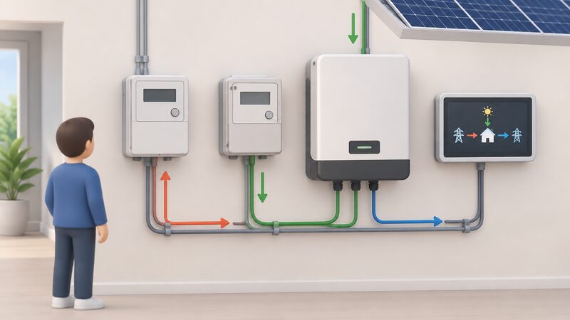 A wall-mounted row of metering equipment beside a solar inverter: a smart electricity meter on the household supply, a separate generation meter, and an in-home display, showing import, generation and export metered as distinct flows.
