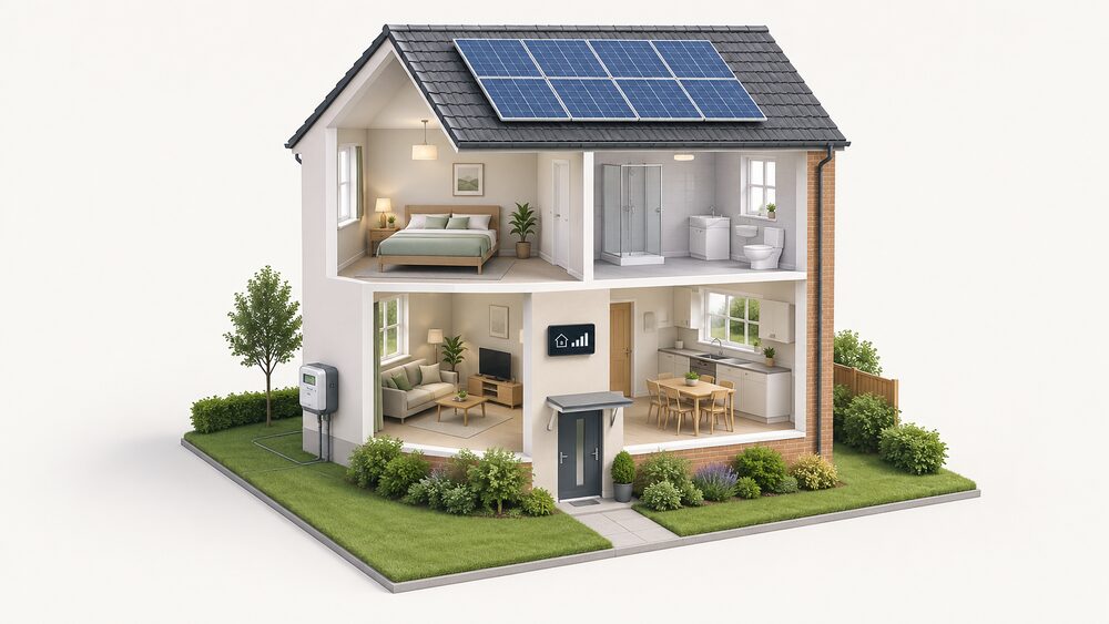 A cutaway house with solar panels on the roof, a smart electricity meter on the supply side of the property connected to the incoming supply, and an in-home display inside showing only energy being used, not generation.