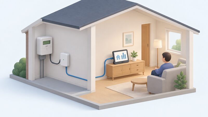 A small consumer access device linked by cable to a smart meter at the wall, with another cable running to a household monitoring hub and screen elsewhere in the home, showing meter data flowing into the household's own system.