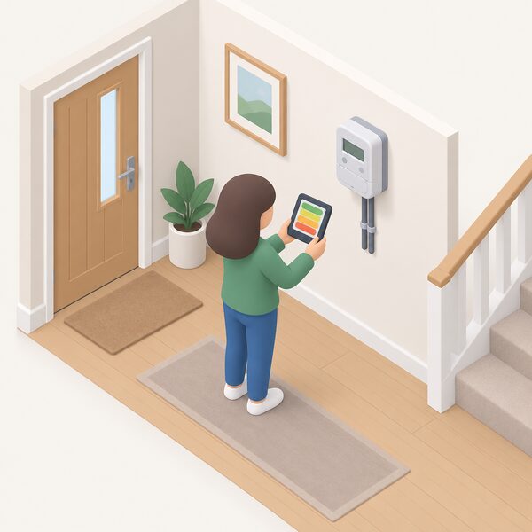 A small isometric figure stands in a home hallway beside a smart meter on the wall, holding its separate in-home display which shows plain colour bands representing the household's current energy use.
