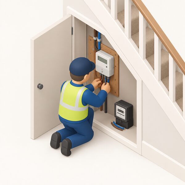 An installer kneeling at an open under-stairs meter cupboard, swapping a traditional electricity meter for a smart meter on the same mounting board, with the old meter set aside and wiring being connected to the supply tails.