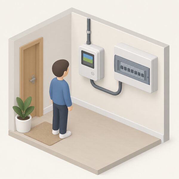 A simplified isometric figure stands beside a smart electricity meter mounted on an interior wall of a home, with the incoming supply cable entering the meter and a cable continuing to the consumer unit, the meter's display showing only plain colour bands.
