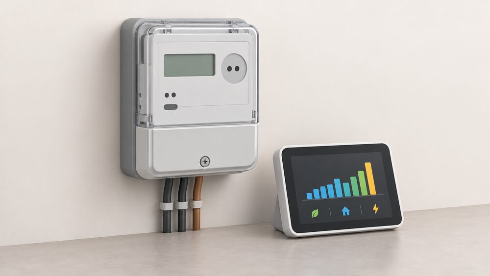A close-up of a wall-mounted smart electricity meter with its clear plastic cover intact, and beside it a portable touchscreen in-home display showing a simple usage graph, resting on the same surface.