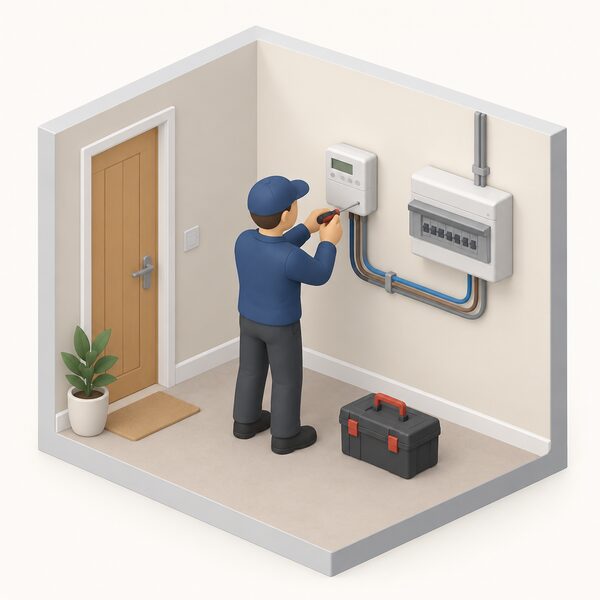 A small isometric engineer in plain work clothing fits a smart electricity meter onto an interior wall of a home, using a screwdriver, with the meter's wiring running to the consumer unit and a toolbox on the floor beside them.