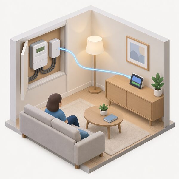 A simplified isometric cutaway of a home corner showing a smart meter with its communications hub mounted beside it, the hub creating a home area network shown as a plain linking band connecting the meter to an in-home display elsewhere in the room, with no router or Wi-Fi equipment present.