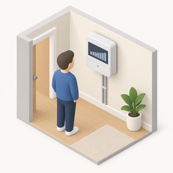 A simplified isometric view of a smart electricity meter mounted on an interior wall of a UK home, with a small figure glancing at it, and the meter shown storing its usage record as a stack of plain blank half-hourly blocks on its display, no readable figures.