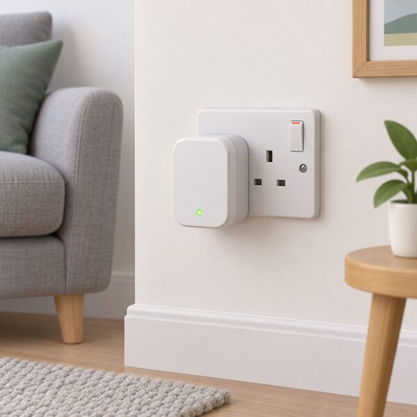 A small plug-in home energy monitor plugged into a domestic wall socket, shown as a plain unbranded device with a simple indicator light, in a typical UK home room setting.