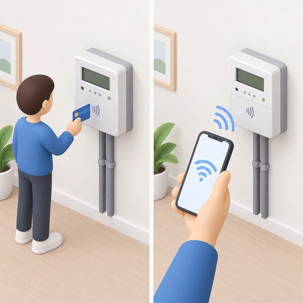 A single smart prepayment meter mounted on an interior wall, shown once with a small isometric figure holding a shop payment card or barcode slip beside it and once with a hand holding a phone, the identical meter unchanged in both views to show the same device topped up in person or remotely.