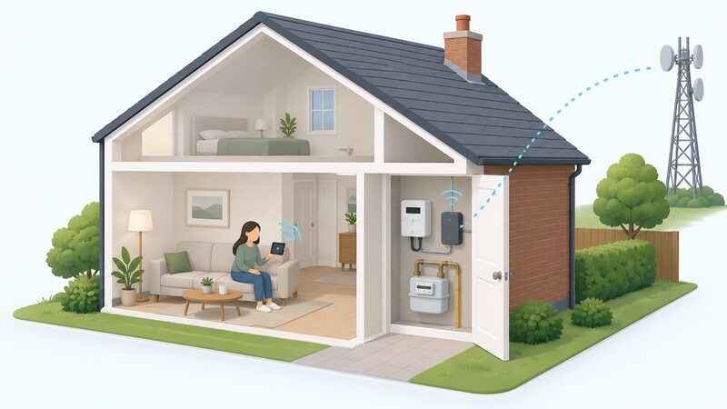 A simplified cutaway view of a house showing a smart electricity meter and smart gas meter at the meter cupboard, a communications hub beside them linking wirelessly to a wide area network outside, and an in-home display held by a resident in the living room.
