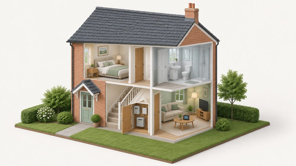 A cutaway UK house showing a meter cupboard under the stairs containing a smart electricity meter and a smart gas meter with a communications hub beside them, and a portable in-home display standing on a table in the living room.