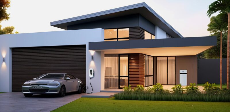 A modern house at dusk with an electric car charging from a wall-mounted EV charger and a battery unit beside the garage