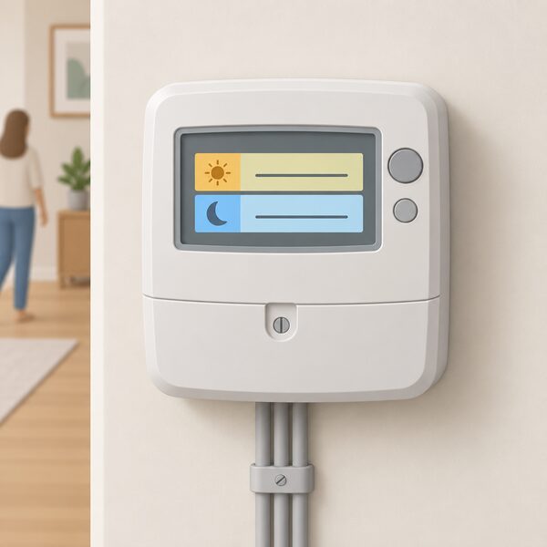 A close-up of a wall-mounted electricity smart meter with its display screen showing two separate registers, one for the day rate and one for the night rate, drawn as plain colour bands and blank lines with no readable figures.