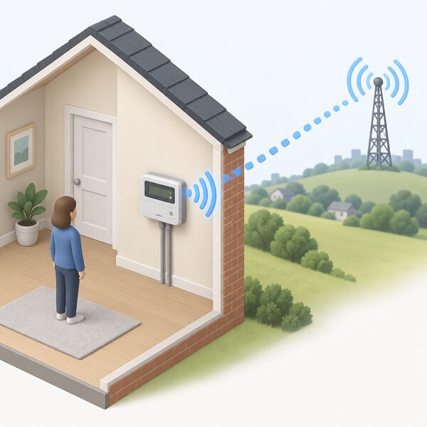 A smart electricity meter mounted on an interior wall of a UK home, shown in cutaway with a simplified radio signal travelling from the meter out through the wall towards a distant supplier mast, illustrating half-hourly communication.