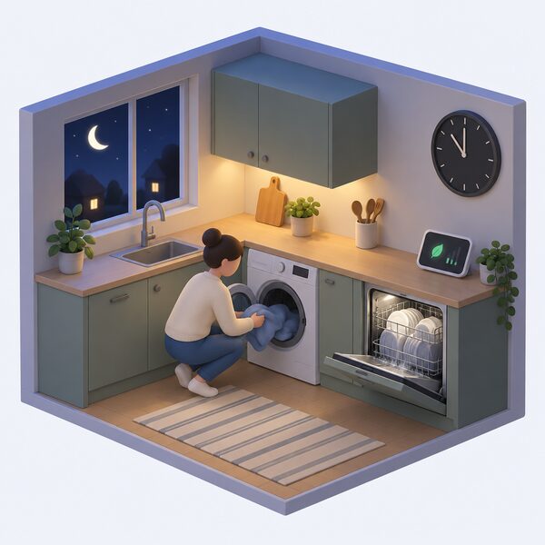 A night-time kitchen scene with a simplified figure loading a washing machine and a dishwasher running together, a wall clock showing a late hour, and a smart meter display on a nearby surface, showing the household shifting appliance use to off-peak overnight hours.