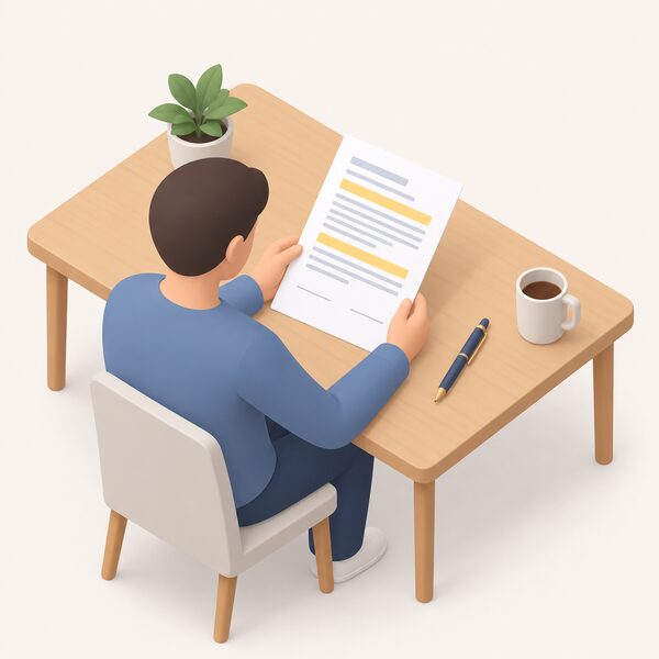 A person at a kitchen table holding a printed contract document with highlighted sections and blank lines, a pen beside it, checking the terms before agreeing to a switch.