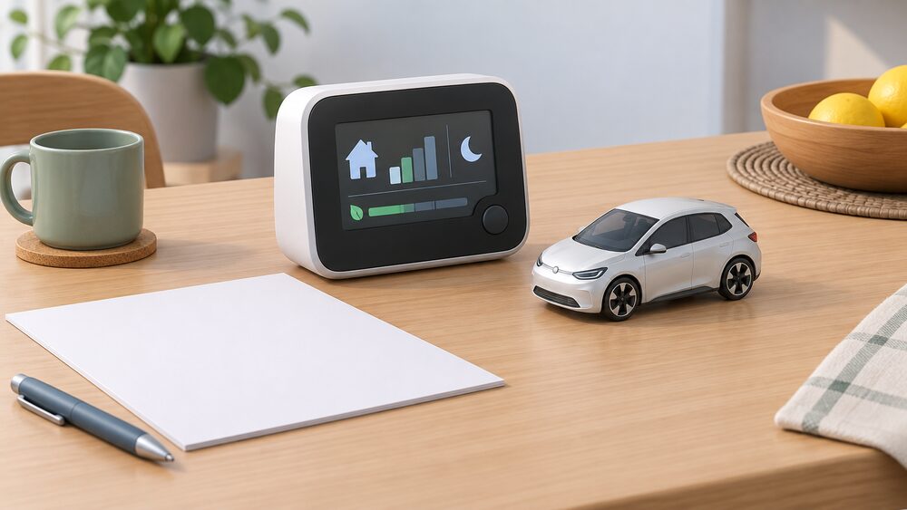 A smart electricity meter with its small display screen sits on a kitchen table beside a blank household bill and a small model of an electric car, representing the metering that unlocks cheaper off-peak charging.