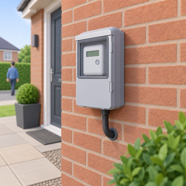 A modern digital smart electricity meter in a slim enclosure mounted on the outside brick wall of a house, with the cable entering the wall, drawn as a simple exterior view with no gas meter present.