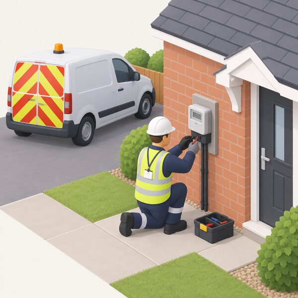 A qualified meter installer in a plain uniform and high-visibility vest, with an identification badge on a lanyard, kneels at an electricity meter mounted on an outside wall of a house, tools in hand, working on the meter while a marked van stands nearby.