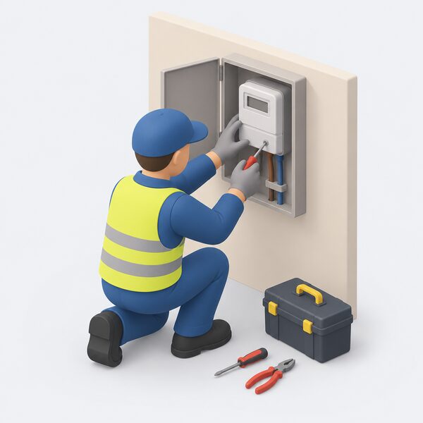 An installer at a domestic electricity meter, mounted on a wall or inside a meter box, with the surrounding area cleared of clutter so there is good access, working on the meter swap with tools to hand.