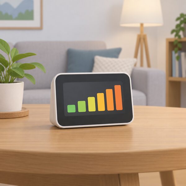 A small in-home display device standing on a table in a home living room, its screen showing a simple usage indication, drawn as the separately purchased monitoring equipment a household uses to see its electricity use.