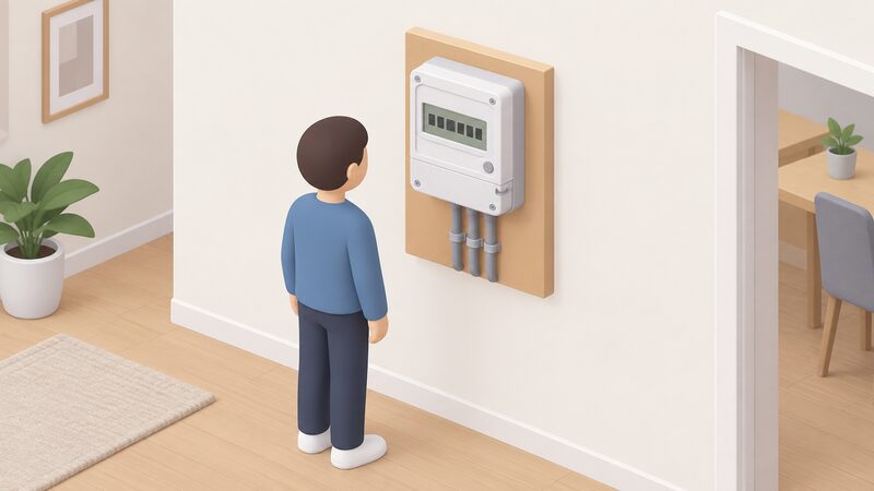 A close-up of a digital display electricity meter mounted on an interior wall of a home, its numeric readout shown as plain digit blocks, with no antenna or communication unit, and a simplified isometric figure reading the display.