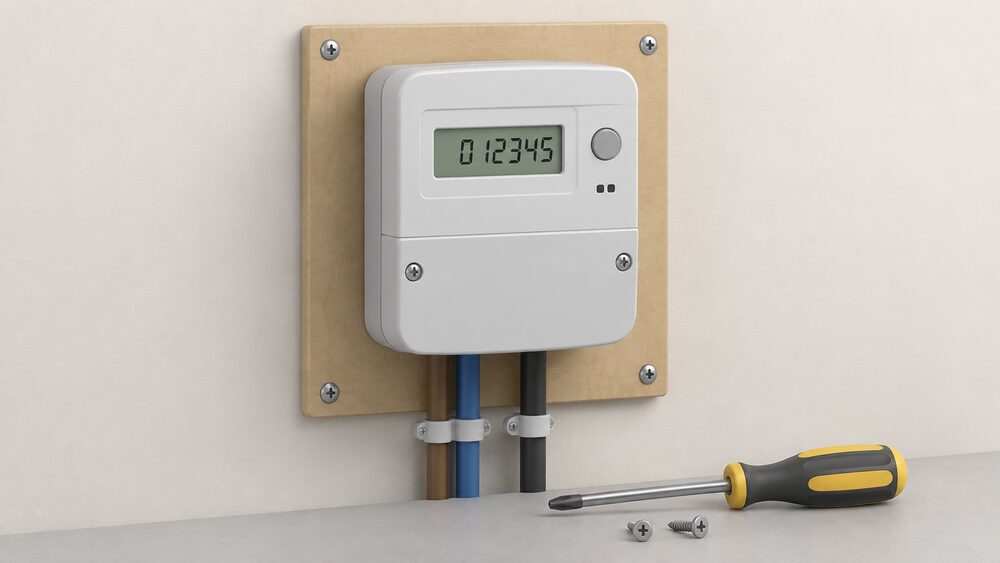 A close-up of a digital display electricity meter with a clear numeric readout, mounted on an indoor wall board with its cover screws and a screwdriver resting beside it, and no in-home display or wireless device anywhere in the scene.