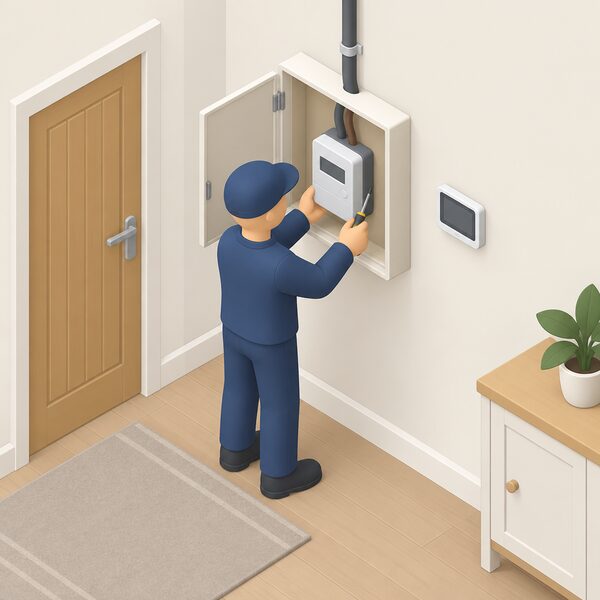 A simplified isometric installer figure fitting a smart electricity meter into the existing meter box on an inside wall of a Scottish home, tools in hand, with the incoming supply cable and a small display unit nearby on the same wall.