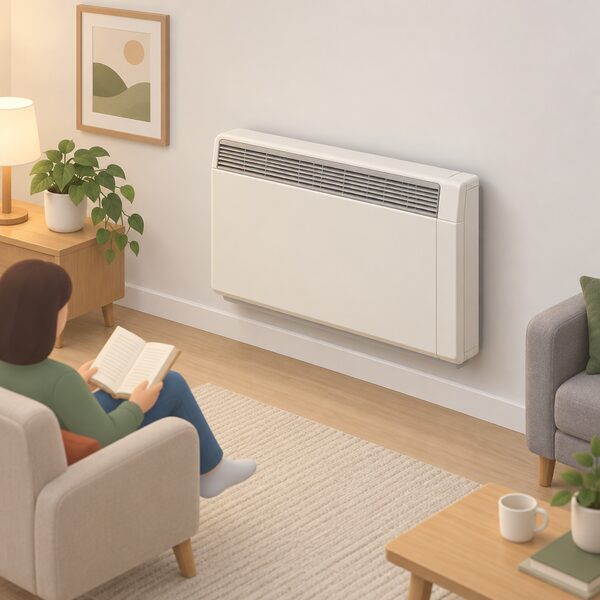 A storage heater mounted on the wall of a simply furnished room in a home, shown as the practical indicator of an off-peak electric heating tariff, with no meter or in-home display in view.
