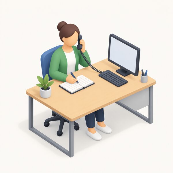 A simplified isometric advisor seated at a desk in an advice-centre office, holding a telephone handset to their ear with one hand and taking notes with the other, a computer screen on the desk shown blank, depicting a free impartial energy advice call.