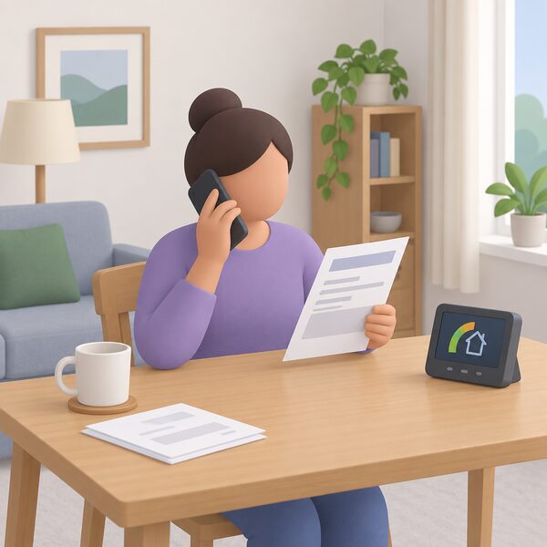 A householder at home telephoning their energy supplier to make a complaint, holding a recent energy bill as a reference, with a smart meter display visible on a nearby surface in the domestic setting.