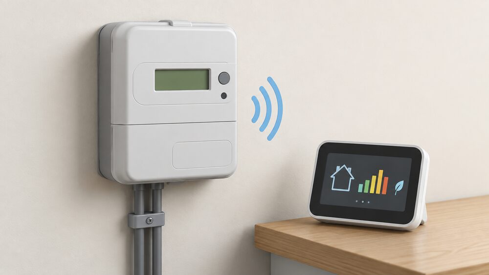 A close-up of a smart electricity meter mounted on an interior wall, with its separate in-home display unit shown beside it, the two devices communicating wirelessly as the page describes.