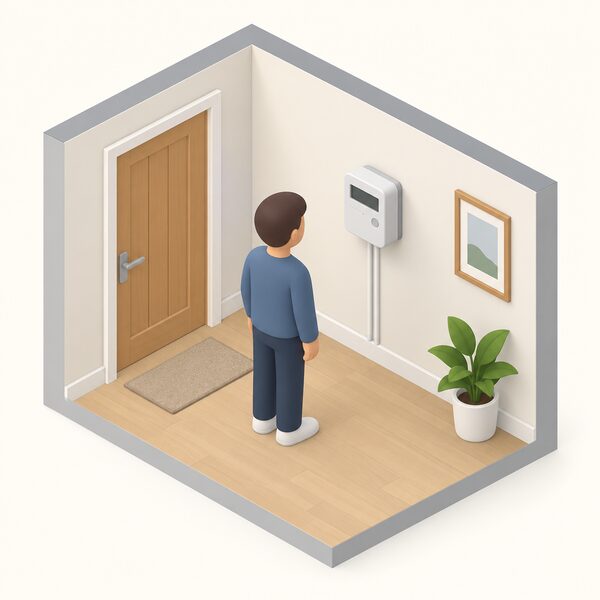 A small isometric figure of a householder standing beside a smart electricity meter mounted on an inside wall of a home, looking at the fitted unit.
