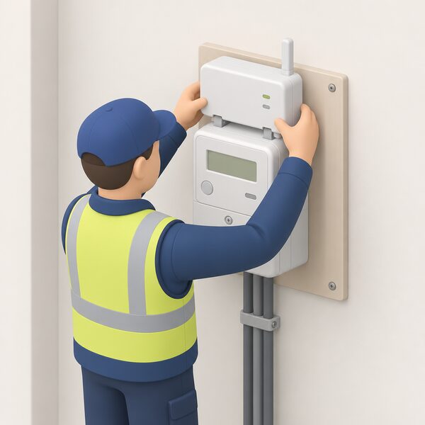 A close-up view of a domestic smart electricity meter with a separate communications hub unit clipped onto its top, shown on an interior wall, with a simplified isometric figure of a technician fitting or checking the hub.