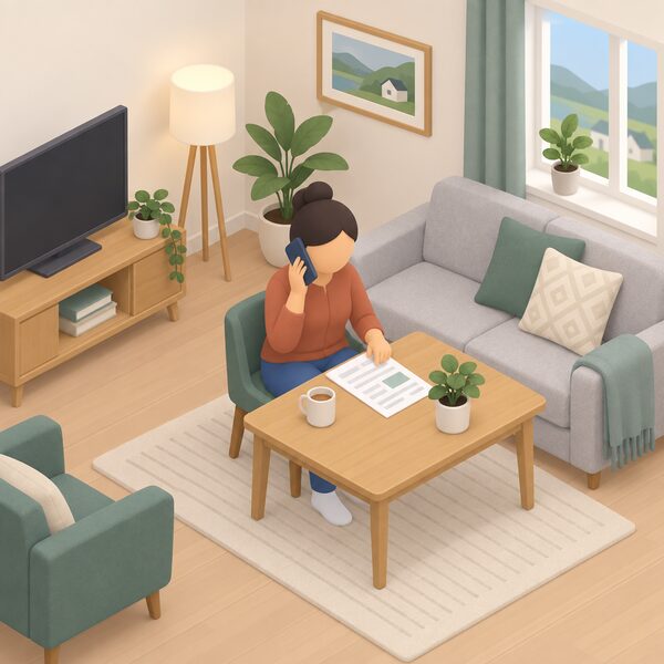 A simplified isometric figure sits at a table in a Welsh home living room, holding a phone to their ear while making a call to an energy advice service, with an energy bill laid on the table beside them.